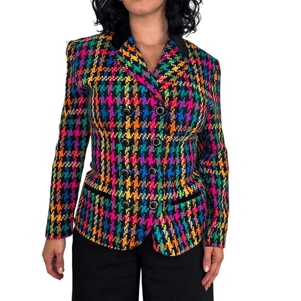 Lois Snyder Vintage Rainbow Houndstooth Tweed Blazer Jacket Size 8 Medium
